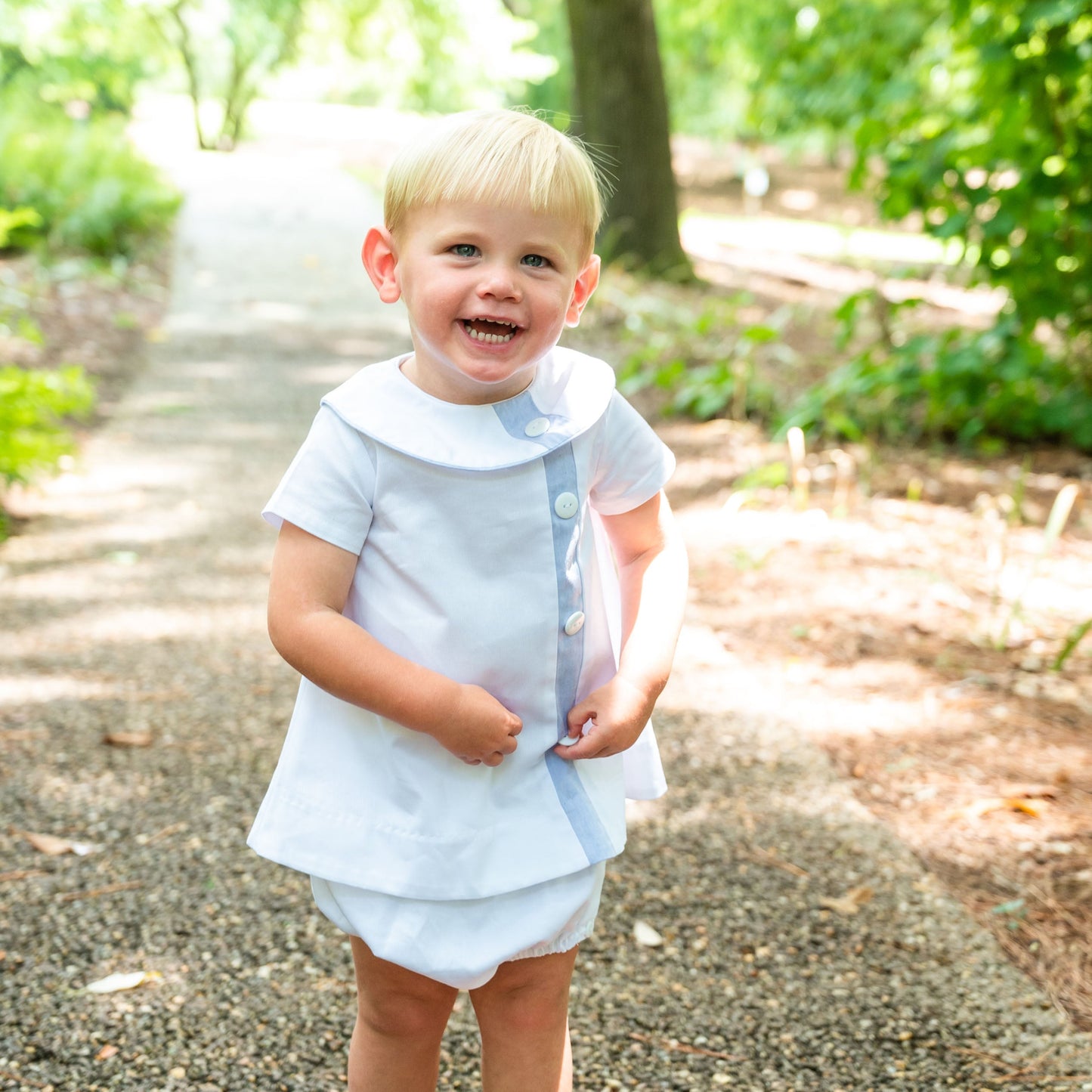 Walker White Pique w/Blue Trim Apron Set (12M-18M)