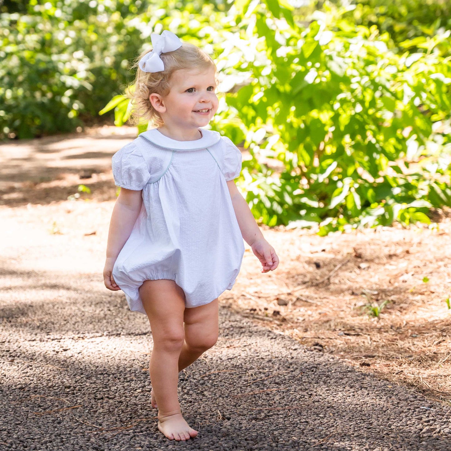 Ann Caroline White Seersucker w/Aqua Piping Bubble (6M-2)