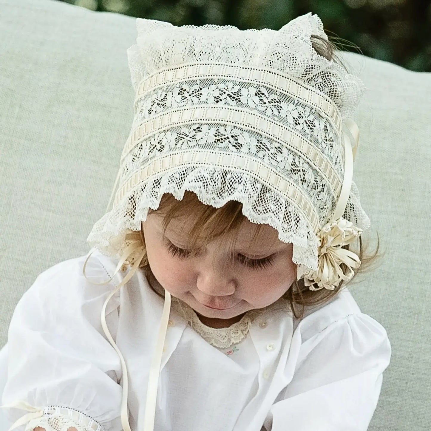 Heirloom Baby Bonnets in White or Ecru w/Rosette or Button and Tie