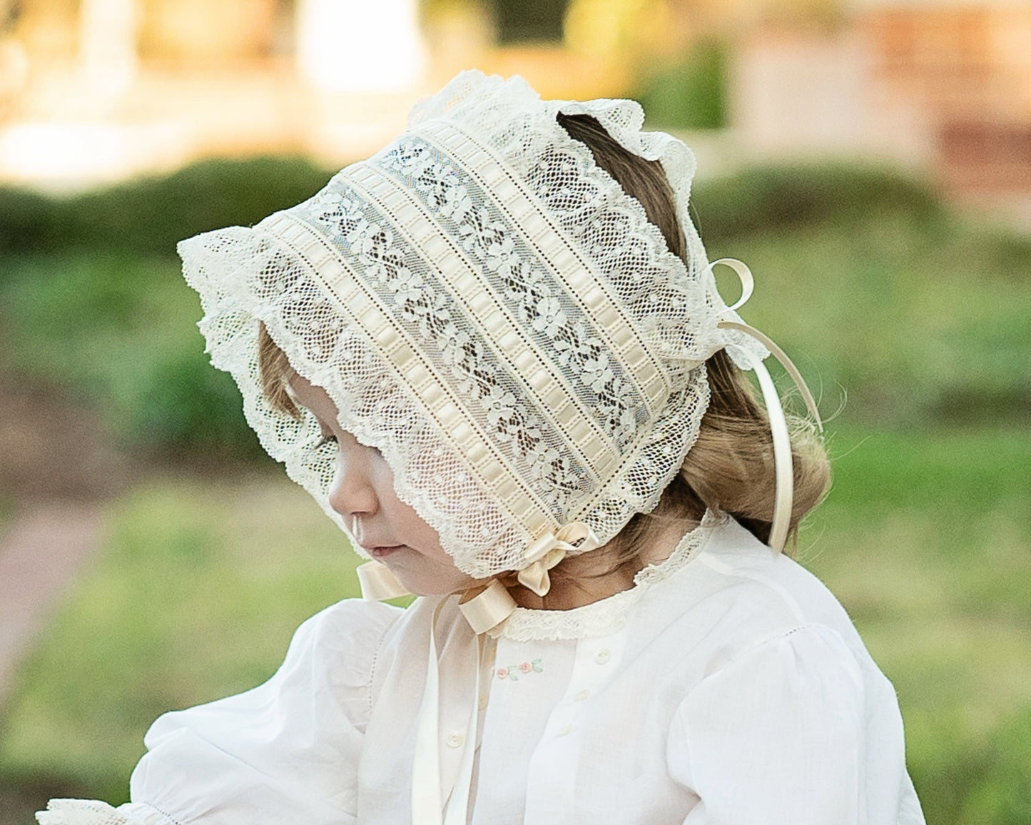 Heirloom Baby Bonnets in White or Ecru w/Rosette or Button and Tie