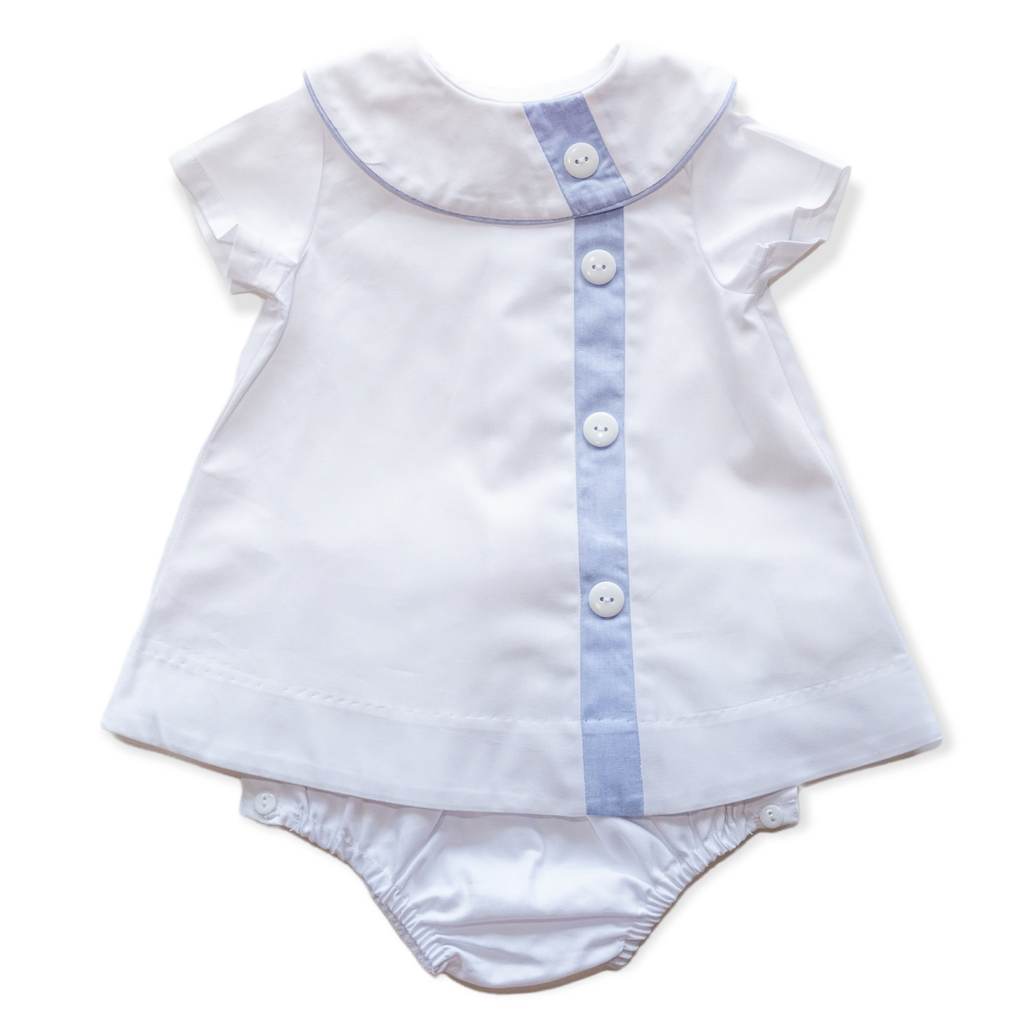 Walker White Pique w/Blue Trim Apron Set (12M-18M)