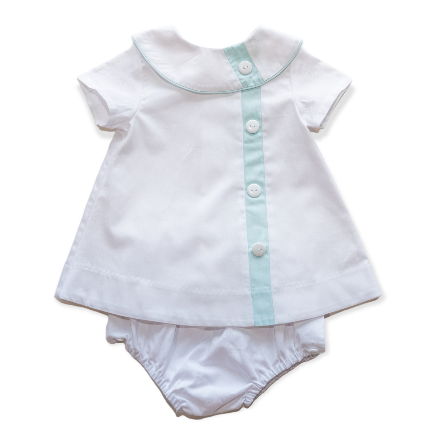 Walker White Pique w/Aqua Trim Diaper Set (12M-18M)