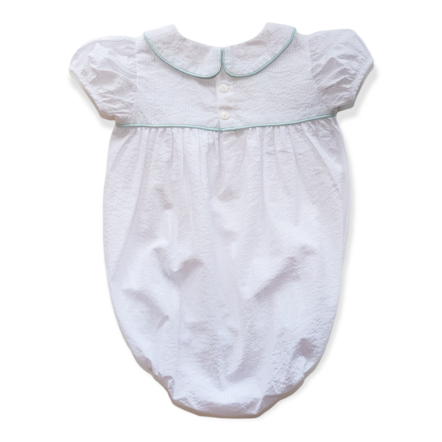 Ann Caroline White Seersucker w/Aqua Piping Bubble (6M-2)