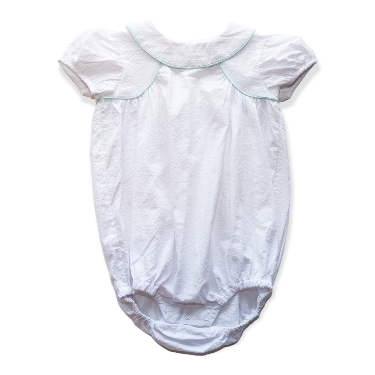 Ann Caroline White Seersucker w/Aqua Piping Bubble (6M-2)