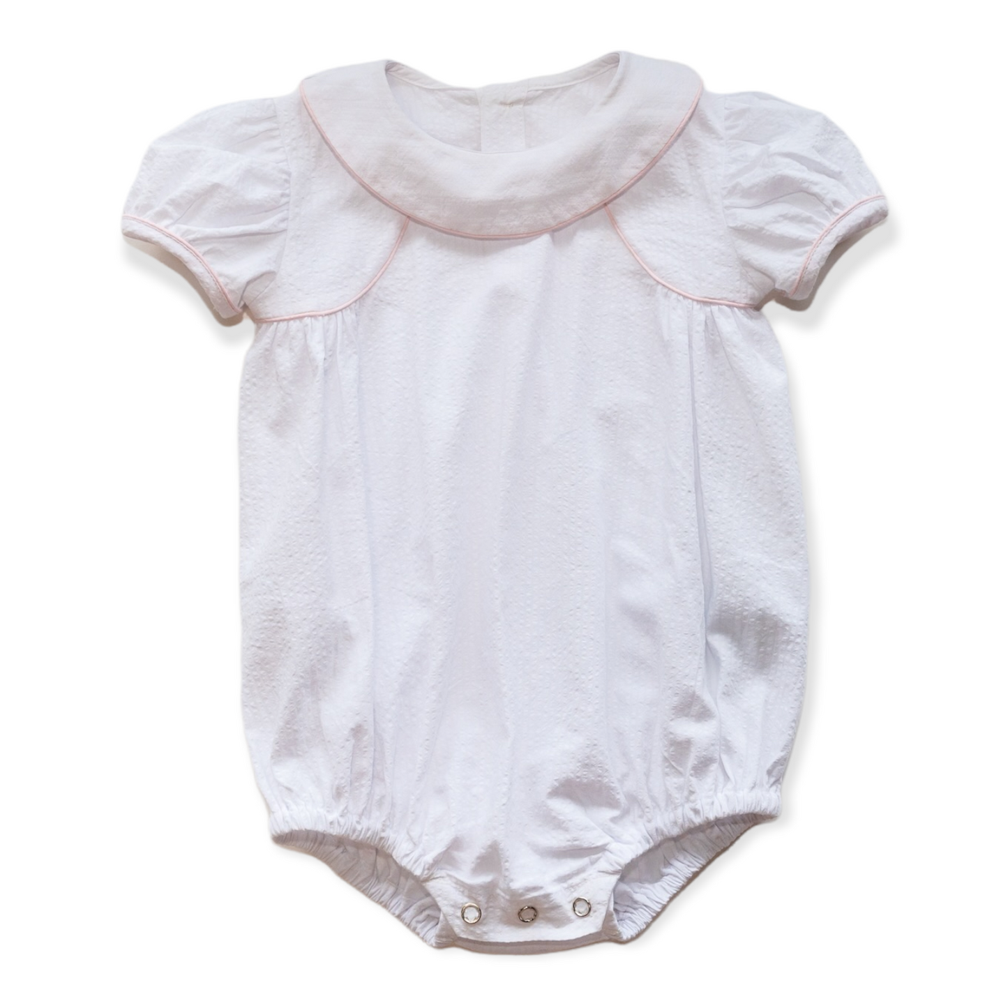Ann Caroline White Seersucker w/Pink Piping Bubble (6M-2)