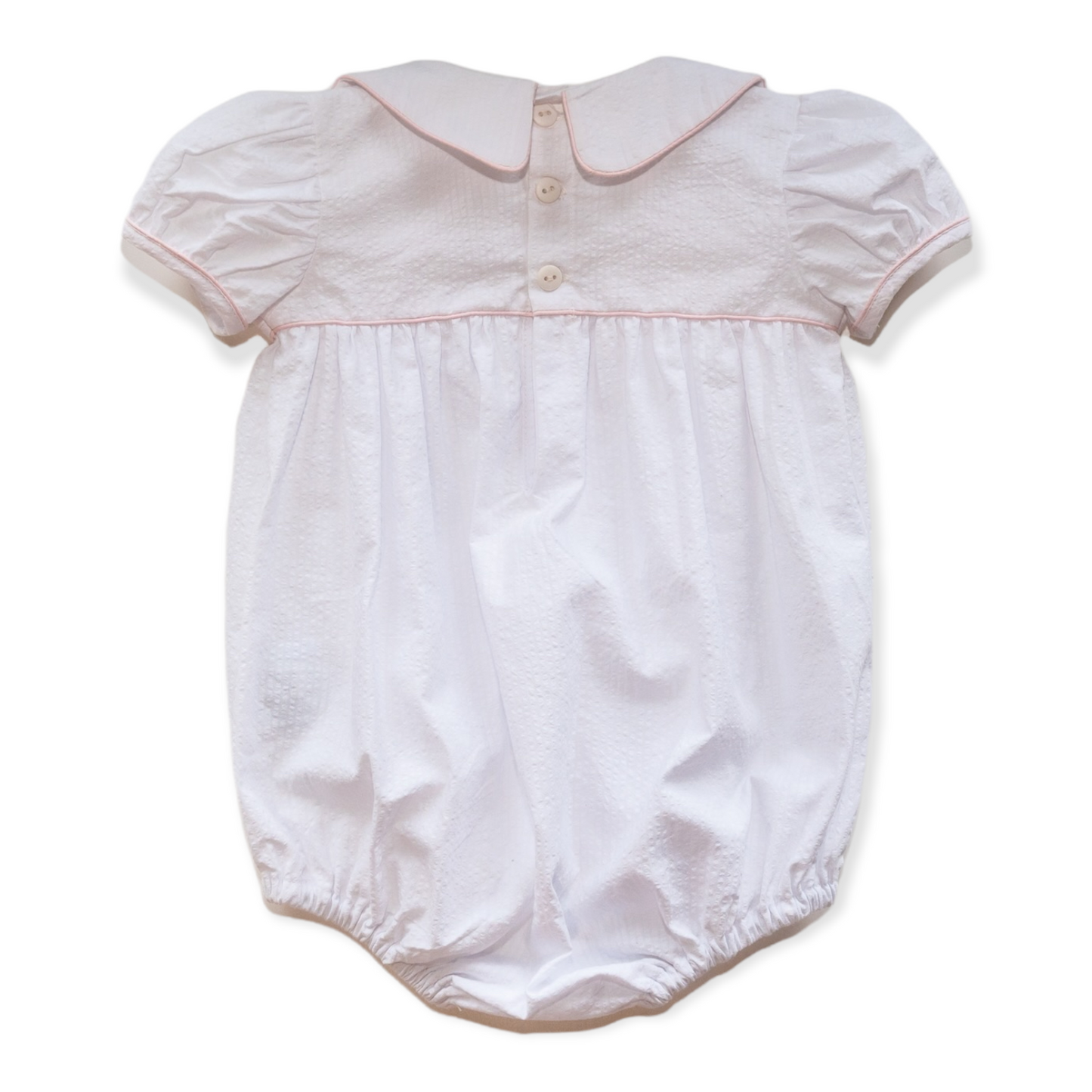 Ann Caroline White Seersucker w/Pink Piping Bubble (6M-2)