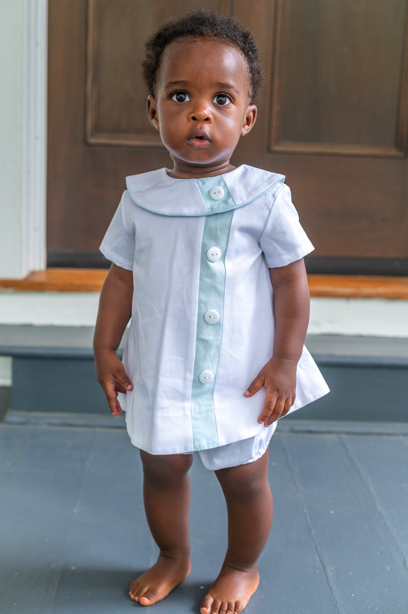 Walker White Pique w/Aqua Trim Diaper Set (12M-18M)