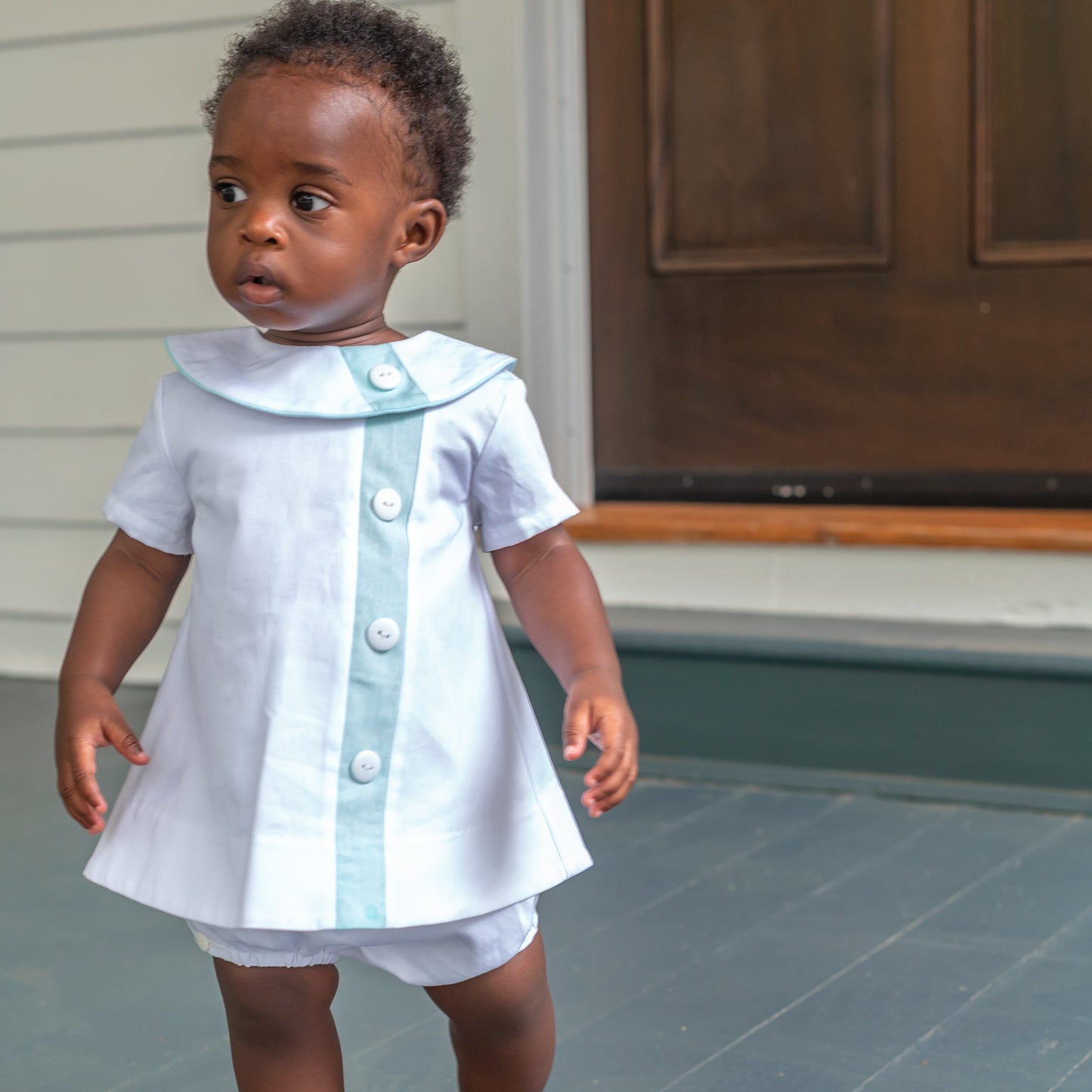 Walker White Pique w/Aqua Trim Diaper Set (12M-18M)
