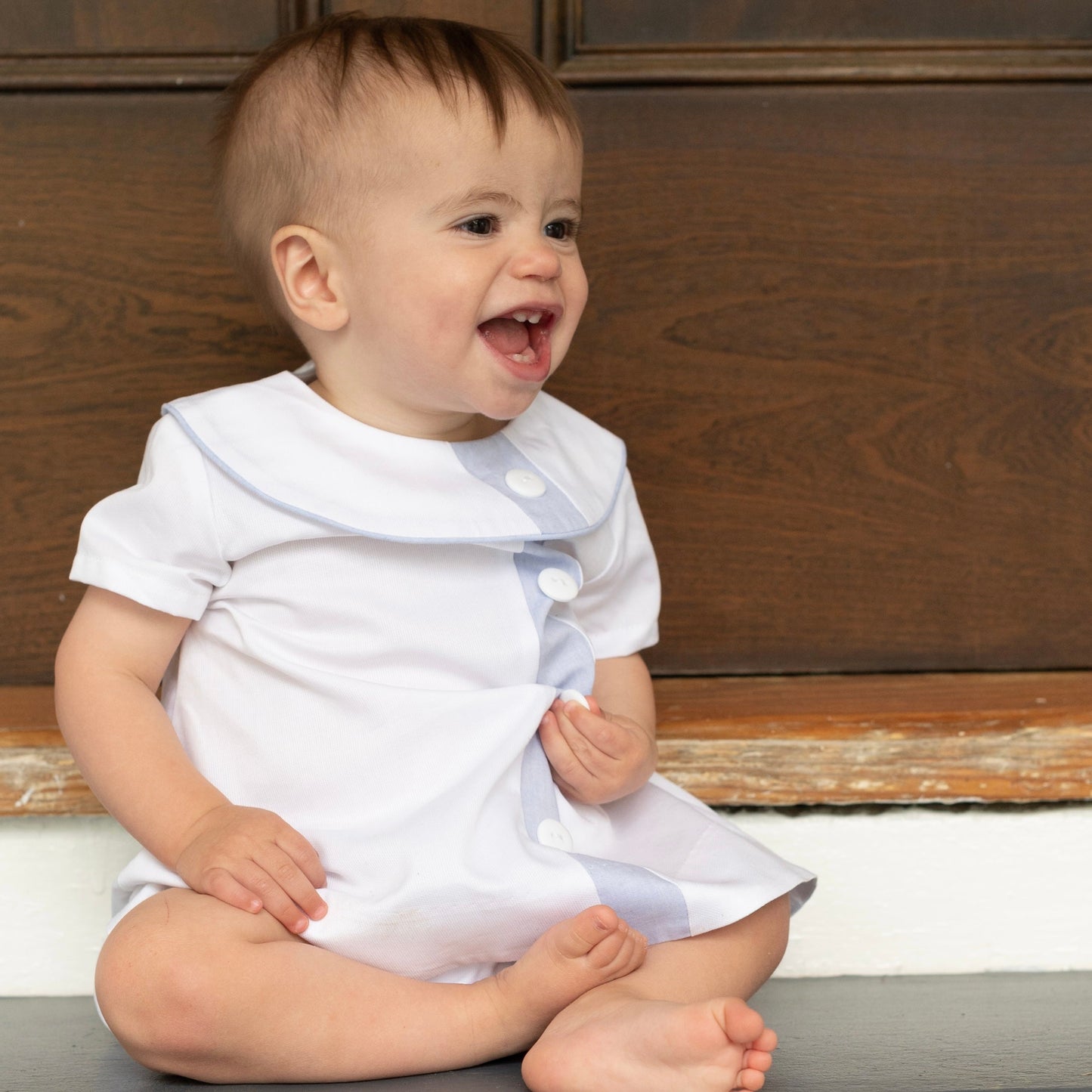 Walker White Pique w/Blue Trim Apron Set (12M-18M)