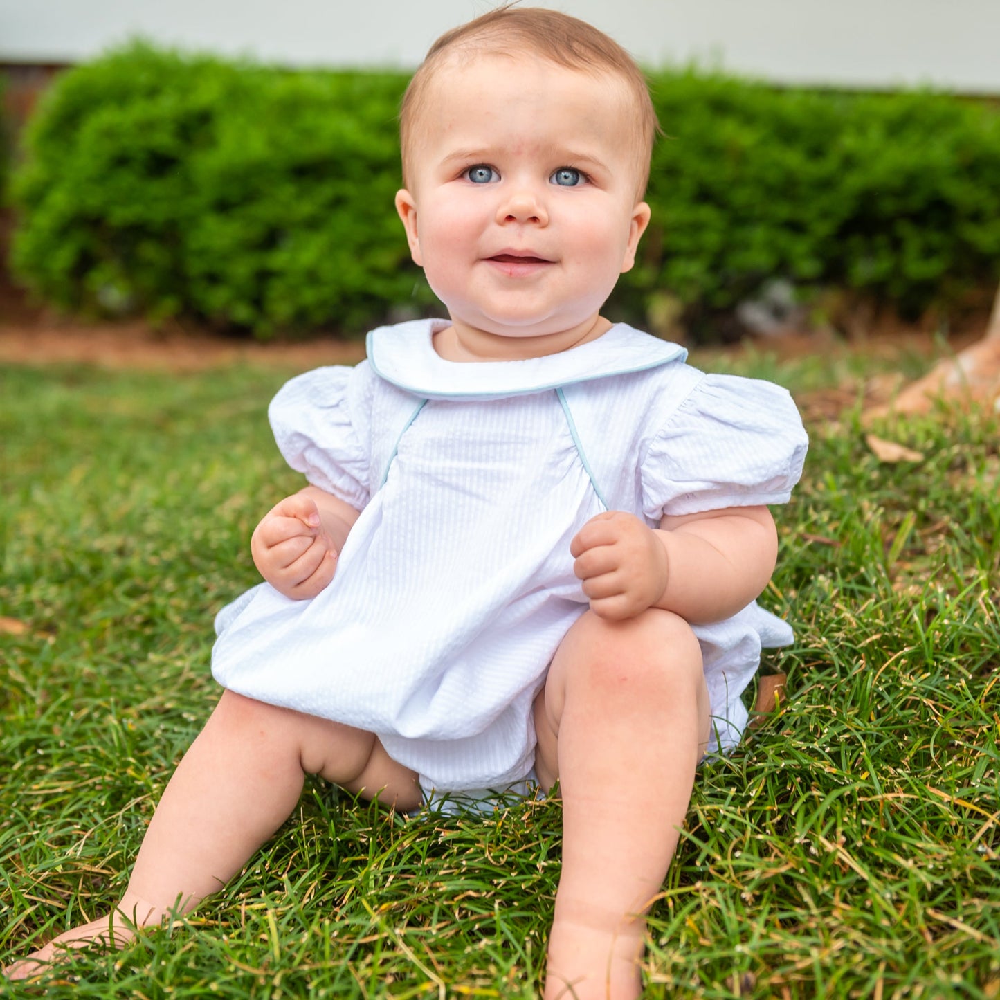Ann Caroline White Seersucker w/Aqua Piping Bubble (6M-2)