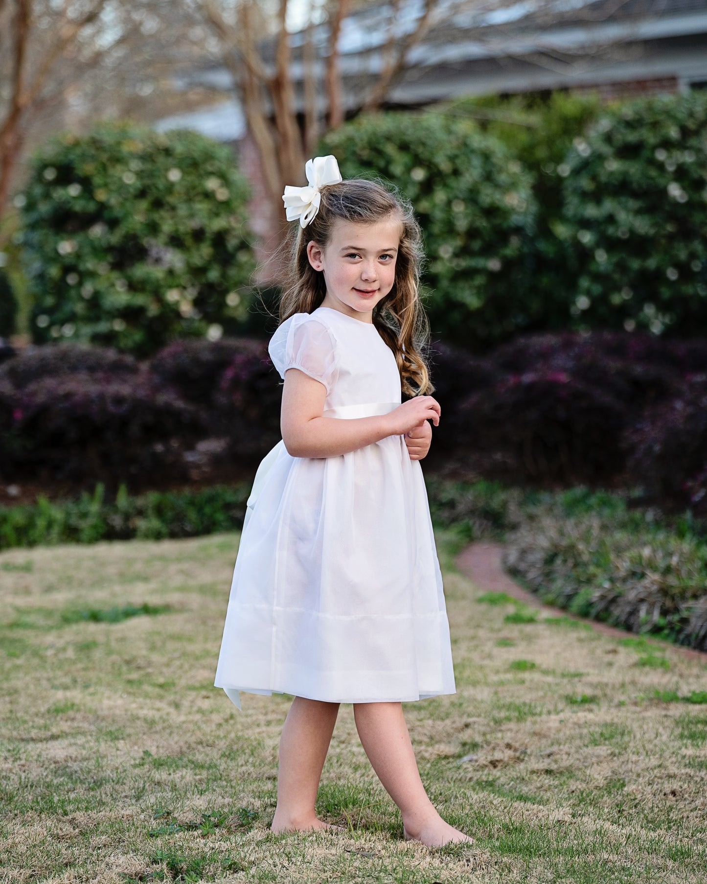 HL white Organza Dress/White,Puff Sleeves (3-6)