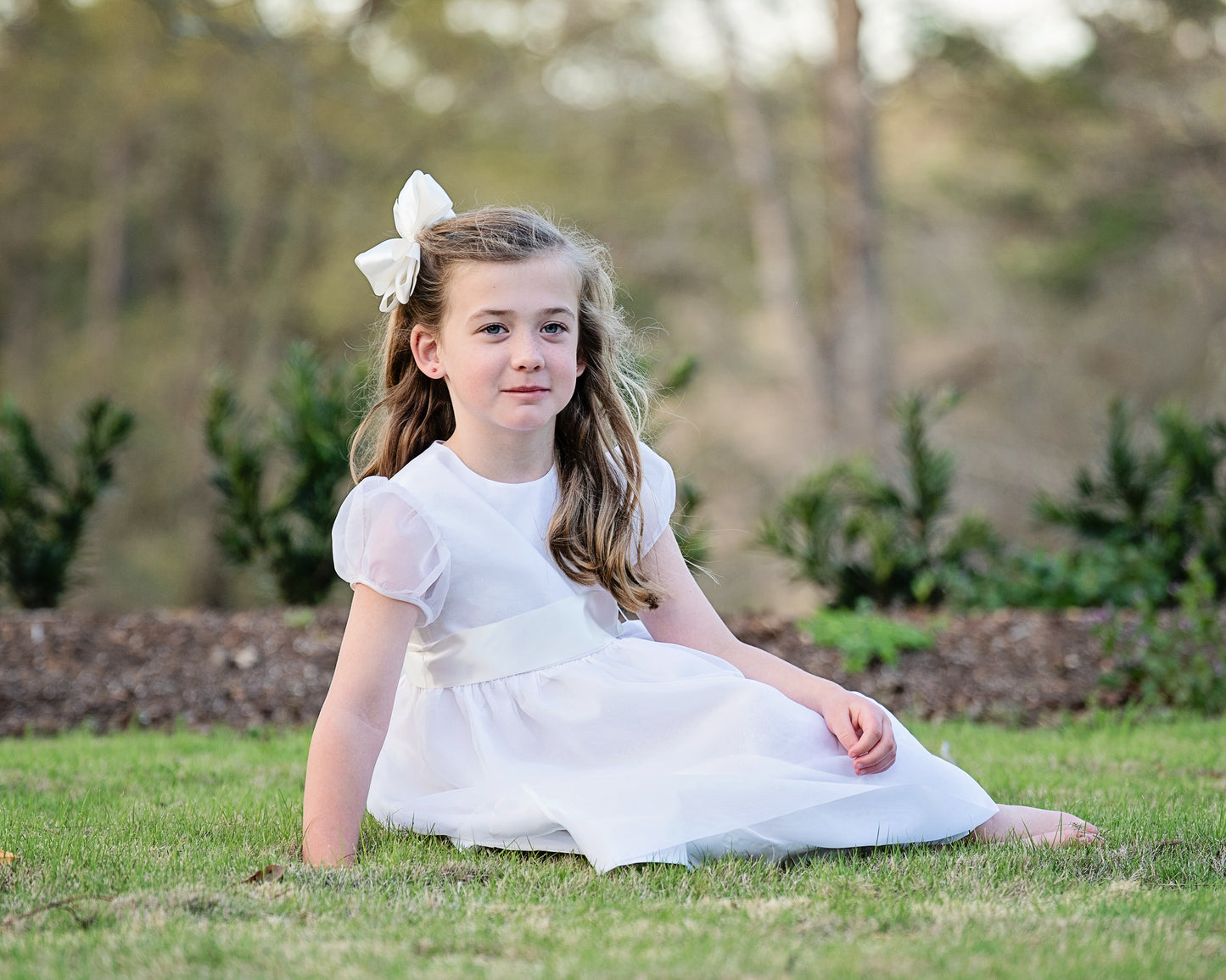 HL white Organza Dress/White,Puff Sleeves (3-6)