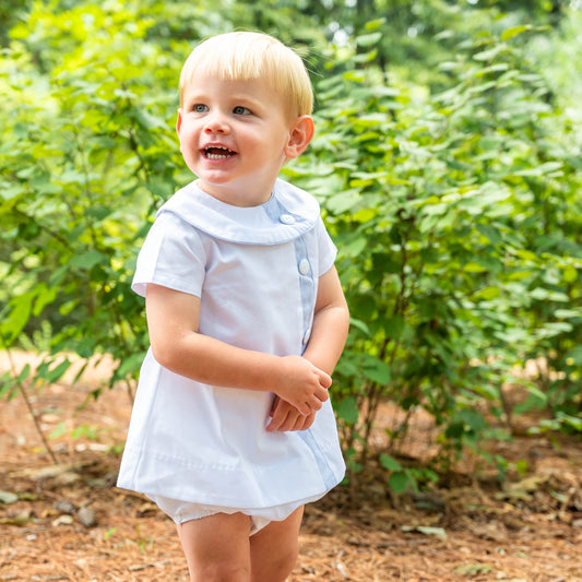 Walker White Pique w/Blue Trim Apron Set (12M-18M)