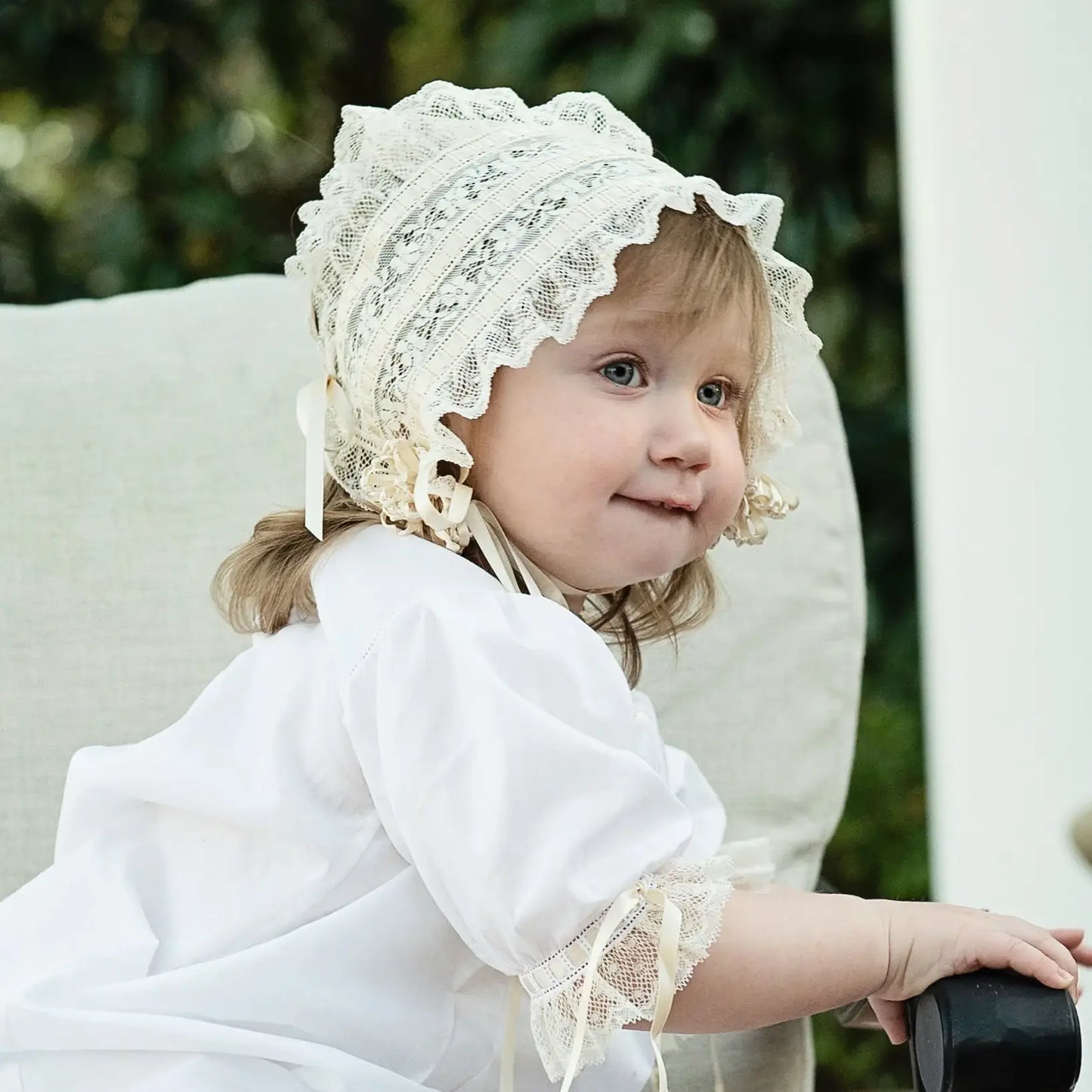 Heirloom Baby Bonnets in White or Ecru w/Rosette or Button and Tie