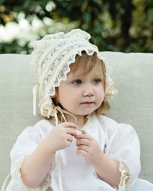 Heirloom Baby Bonnets in White or Ecru w/Rosette or Button and Tie
