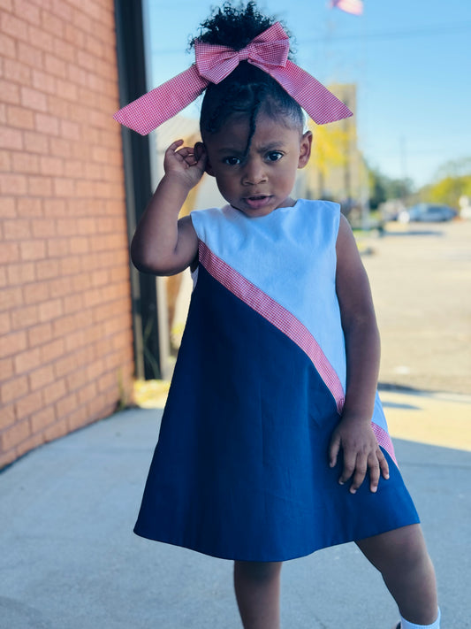 Team Navy/White w/Orange Check Trim Dress (2-6)