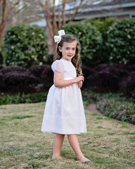 HL white Organza Dress/White,Puff Sleeves (3-6)