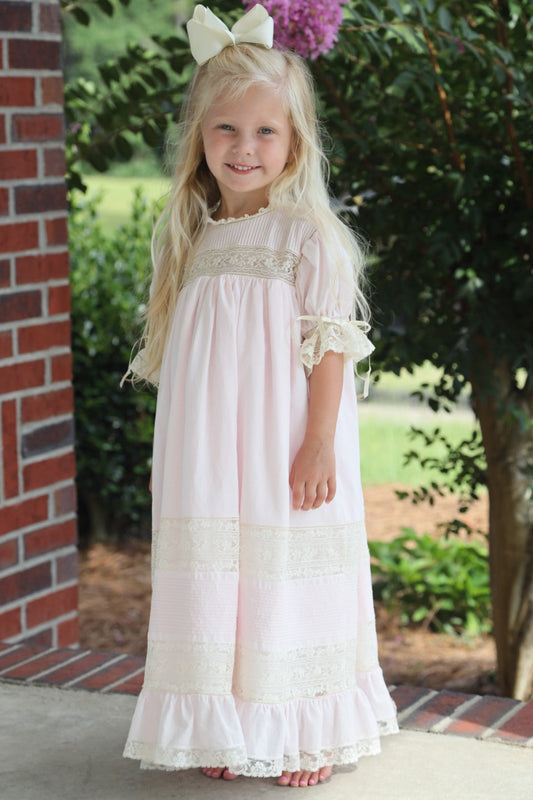 Heirloom Pink Tucks and Lace Band Yoke Dress (3-6)
